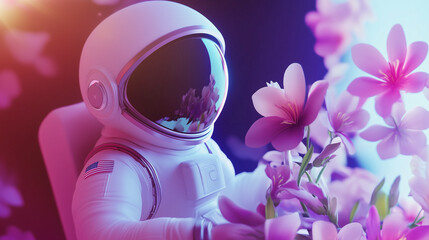 Astronaut in white spacesuit with flowers, 3d style. Universe travel surreal landscape with cosmonaut. Vibrant illustration of exploration in outer space