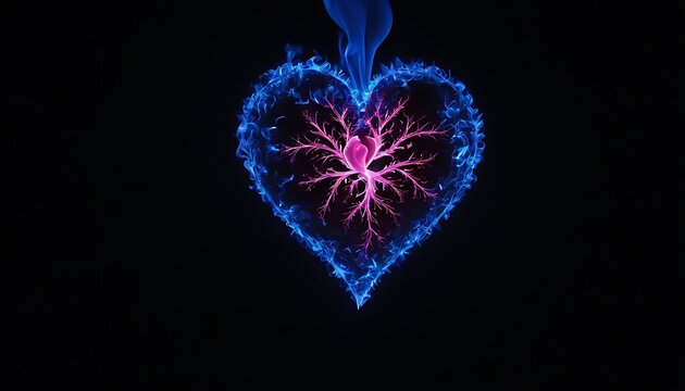 Neon Blue Sign in Shape of a Heart against Dark Brick Wall Background,A striking image featuring a glowing neon heart, blending vibrant pink and blue colors, 943