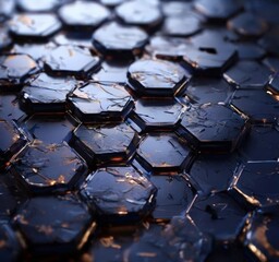 Fototapeta premium a close-up view of a textured surface composed of numerous hexagonal tiles arranged in a repeating pattern. The tiles exhibit a dark blue-gray hue, with some areas appearing to