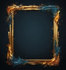 square gold frame with a dark blue border, set against a black background. The frame is adorned with a swirling pattern of gold and blue paint, creating a dynamic and artistic visual effect.
