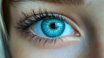 Fototapeta premium Close-up view of a human eye with striking blue color and detailed iris pattern, illuminated by soft natural light indoors