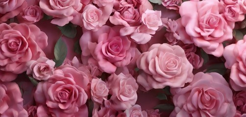Fototapeta premium A close-up view of a vibrant bouquet of pink roses, showcasing their delicate petals and lush green leaves.