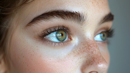 Close-up of a young woman with striking green eyes and freckled skin, showcasing natural beauty and unique features in soft lighting