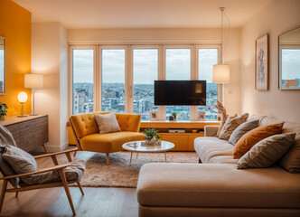 Interior of light living room with sofa and glucophone on table