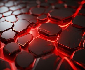 Fototapeta premium a close-up view of a textured surface composed of numerous hexagonal shapes in varying shades of red and black, creating a visually striking and abstract pattern.