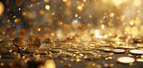 A close-up view of scattered golden coins on a dark surface, with a bokeh effect of golden light and a blurred background.