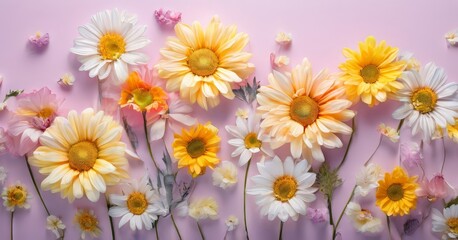 Fototapeta premium A vibrant arrangement of yellow and white daisies, along with scattered pink and white flowers, is displayed against a soft pink background.
