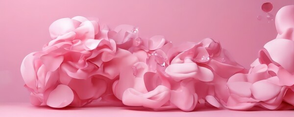 Obraz premium a pink abstract sculpture composed of overlapping, ruffled petals, with small bubbles floating above it against a solid pink background.