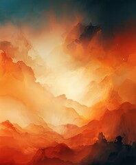 a dramatic sky with vibrant orange and red clouds, creating a sense of depth and movement. The sky transitions from a darker shade at the top to a lighter one at the bottom, with