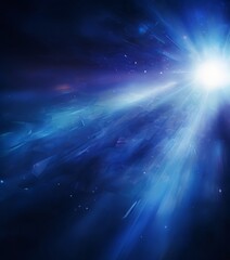 a radiant burst of light, originating from the top right corner and radiating outwards in a dynamic, swirling pattern. The background is a deep blue, with scattered white stars