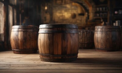 Fototapeta premium Three wooden barrels with metal bands sit on a wooden floor, with a blurred background suggesting a rustic, aged interior.