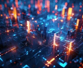 Fototapeta premium futuristic cityscape, composed of a complex network of glowing, multicolored lights that create a mesmerizing, abstract pattern. The city's architecture is represented by a