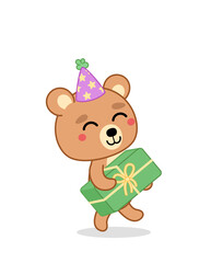 Bear is carring big green gift. Birthday. Cartoon, kawaii, vector.