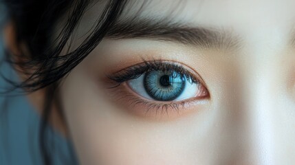 Fototapeta premium Close-up of a striking blue eye highlighting detailed features and subtle makeup in soft lighting
