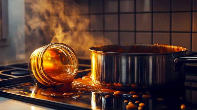 The can is positioned next to a freshly opened jar with its contents spilling into a pot on the stove