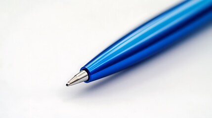 A blue ballpoint pen photographed up close on a white backdrop, showcasing its fine texture and vibrant color.