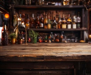 A wooden bar counter with various bottles of alcohol and decorative items, including a brass candlestick holder and a potted plant, set against a blurred background.