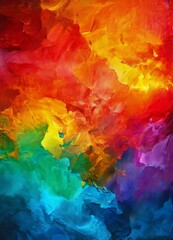 an abstract painting featuring a vibrant mix of colors, including red, orange, yellow, green, blue, and purple, creating a dynamic and energetic composition.