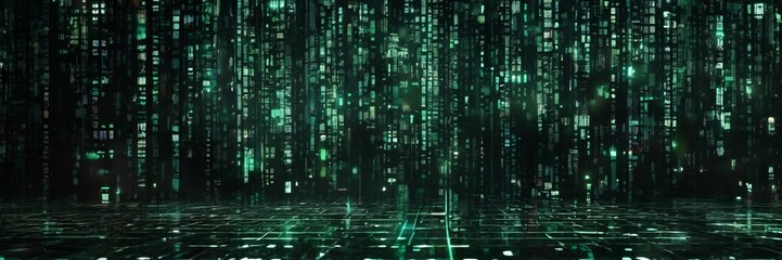 futuristic cityscape, characterized by a grid-like pattern of tall, vertical buildings with a green tint. The buildings are densely packed, creating a sense of depth and