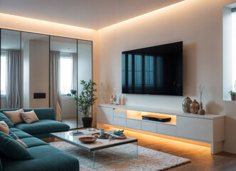Interior of light living room with sofa and glucophone on table