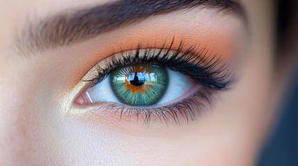 Obraz premium Close-up of a vibrant green eye with intricate details and a hint of orange eyeshadow during bright daylight