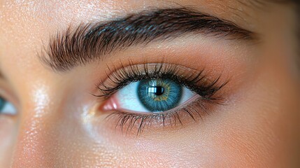 Obraz premium Close-up of a vibrant blue eye highlighting intricate details of lashes and brows in natural light, emphasizing beauty and clarity