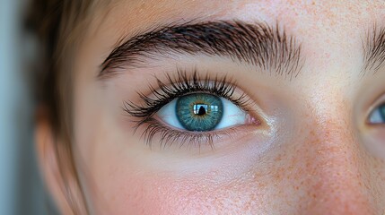 Obraz premium Close-up of a young person’s expressive blue eye highlighting fine details, including eyelashes and freckles, in natural light
