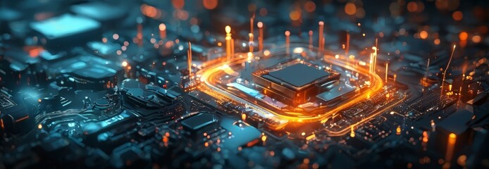 close-up view of a circuit board, with a central processor surrounded by a network of interconnected components. The circuit board is illuminated by a vibrant glow of orange and