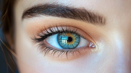 Close-up of a captivating blue and brown eye with lush eyelashes illuminated in natural light