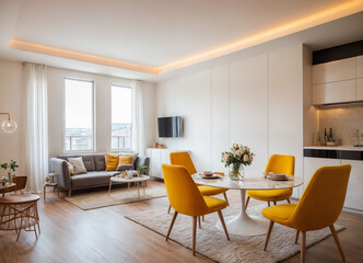 Fototapeta premium Interior of light living room with sofa and glucophone on table