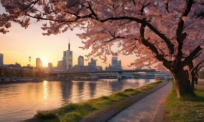 A cityscape at sunset, with a river and a bridge in the foreground, and cherry blossom trees in full bloom framing the scene.
