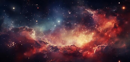 Fototapeta premium a vibrant cosmic scene, featuring a nebula with swirling clouds of red, orange, and yellow hues, as well as numerous stars scattered throughout the dark background.