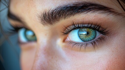 Fototapeta premium Close-up view of captivating green eyes with distinct eyelashes and natural makeup in soft afternoon light