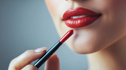 Closeup of a woman applying a red lipstick