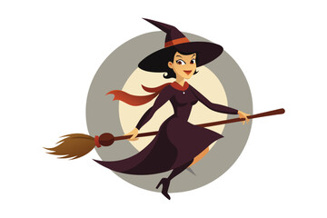 Silhouette of a Flying Witch on a Broomstick with Bats - Halloween Illustration