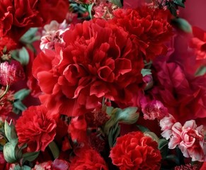 A close-up view of a vibrant bouquet of red carnations, with some pink and white flowers interspersed, against a red background.