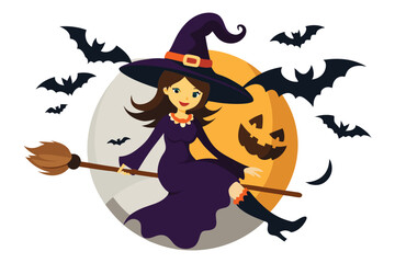 Silhouette of a Flying Witch on a Broomstick with Bats - Halloween Illustration