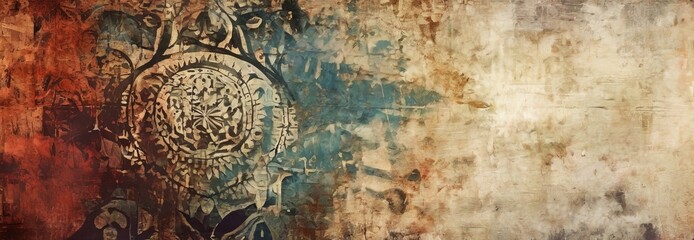 Naklejka premium textured, abstract background with a central circular design. The design is composed of various shades of blue, green, and brown, creating a sense of depth and complexity. The