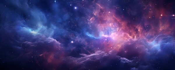 a vibrant cosmic scene, featuring a swirling nebula with hues of blue, pink, and purple, dotted with numerous stars. The nebula is centrally positioned, creating a sense of depth and dimensionality.