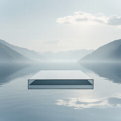 Transparent glass rectangular podium over a calm misty lake with mountain silhouettes. Product display background with copy space.