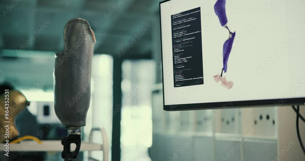 Poster Computer screen, research and person with prototype in prosthetics office for artificial leg development. Bionic limb, interface and prosthetist with tech for biomechanics software, program or coding