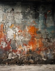 Obraz premium a dilapidated wall with peeling paint, cracks, and a faded, distressed appearance. The wall is situated in an industrial setting, with a concrete floor and a metal railing visible in the background.