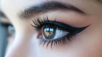 Fototapeta premium Close-up view of stunning hazel eyes with dramatic winged eyeliner in natural light highlighting eyelashes and makeup details