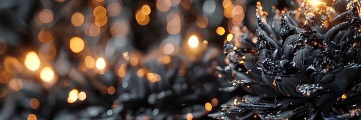 Fototapeta premium A close-up view of a black, spiky plant with a cluster of small, glowing orange lights on its surface, set against a blurred background of warm, golden lights.