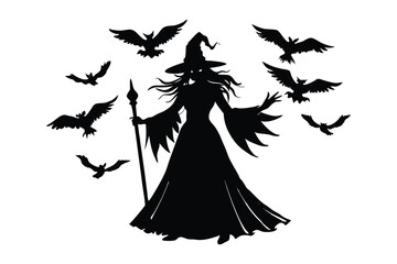 Fototapeta premium Silhouette of a Flying Witch on a Broomstick with Bats - Halloween Illustration