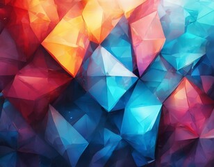 vibrant abstract composition of overlapping triangular shapes in various shades of blue, red, and orange, creating a dynamic and visually striking pattern.