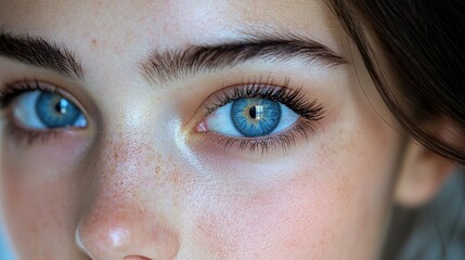 Fototapeta premium Close-up of a person’s striking blue eyes highlighting their natural beauty in soft lighting during a calm indoor moment