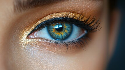 Obraz premium Close-up of a beautifully made-up eye showcasing intricate golden eyeshadow and striking blue-green iris under soft lighting