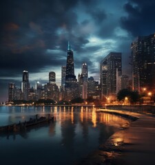 Obraz premium The Chicago skyline at night, featuring the illuminated skyscrapers and the calm waters of Lake Michigan in the foreground.