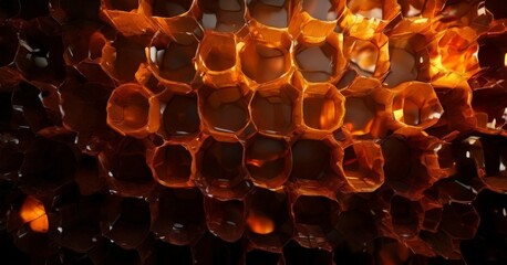 a close-up view of a honeycomb structure, with the honeycomb's hexagonal cells filled with honey, creating a warm, golden glow.